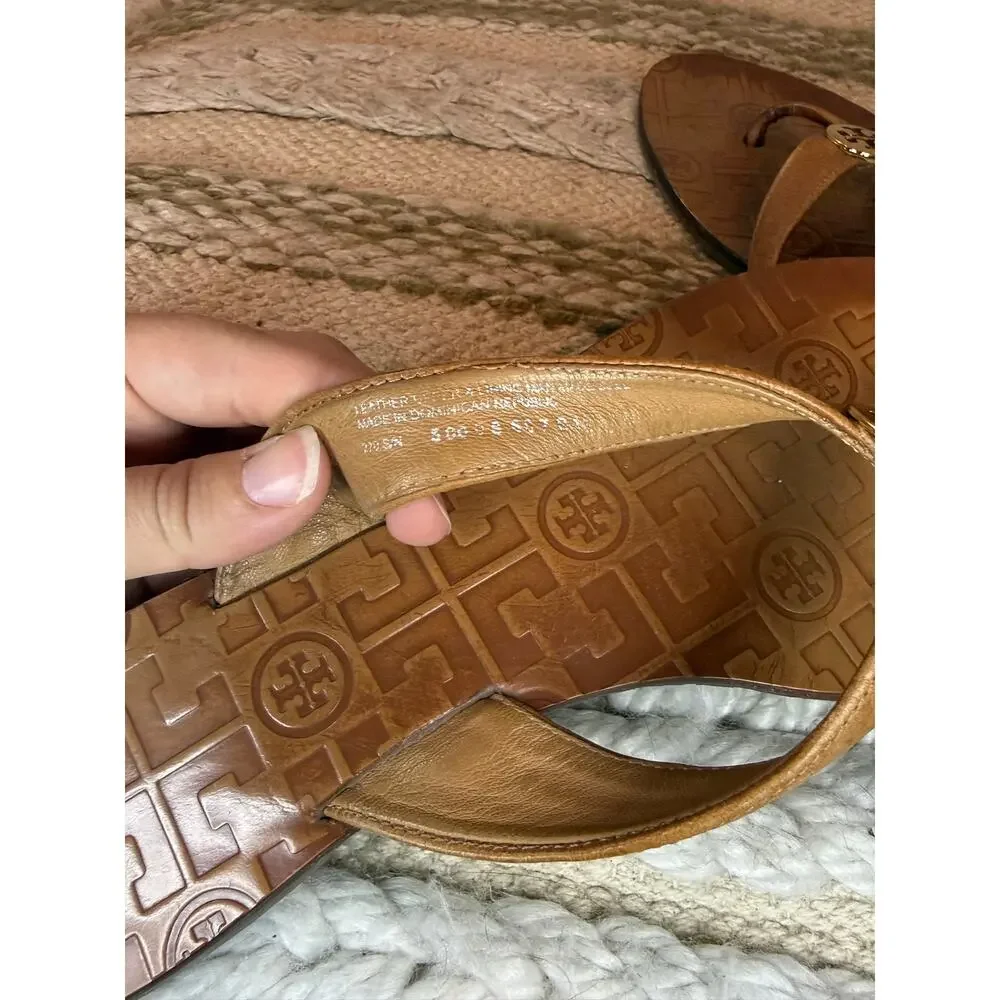 Tory Burch Brown Leather Logo Medallion Thong Sandals Size 11